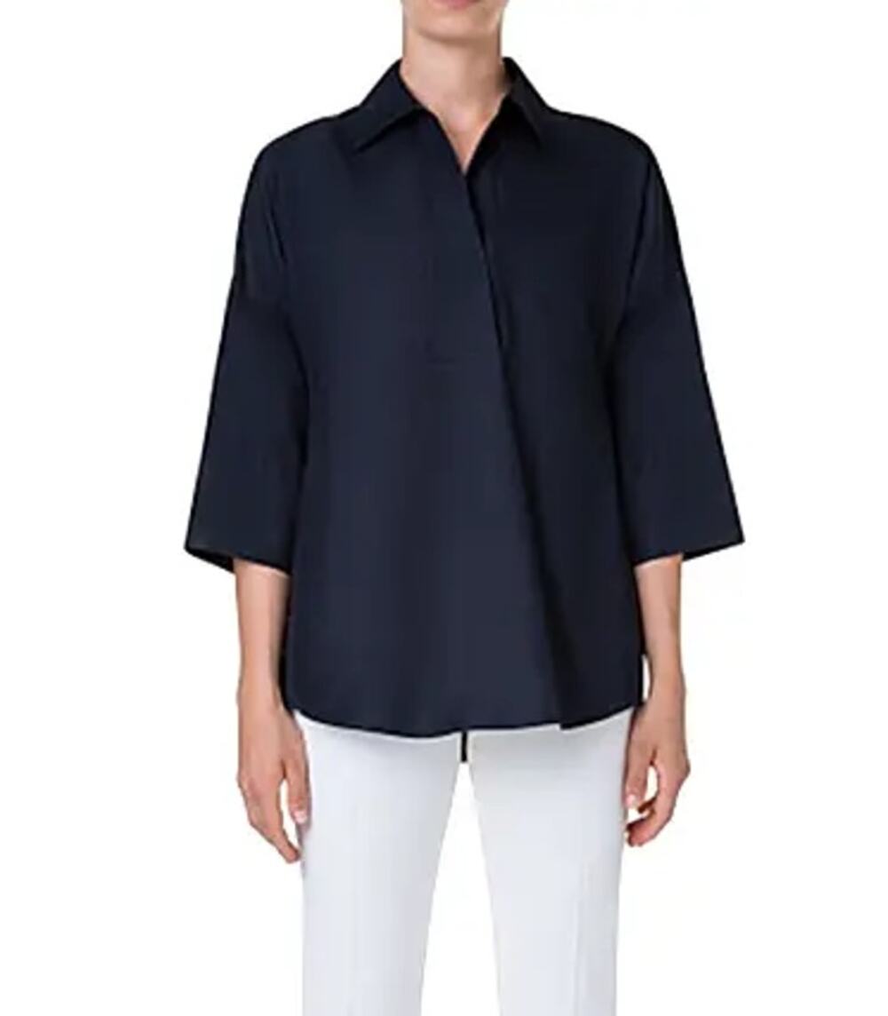 Akris Punto Elements Kimono Sleeve Blouse Navy Split Neck Popover Women's 10